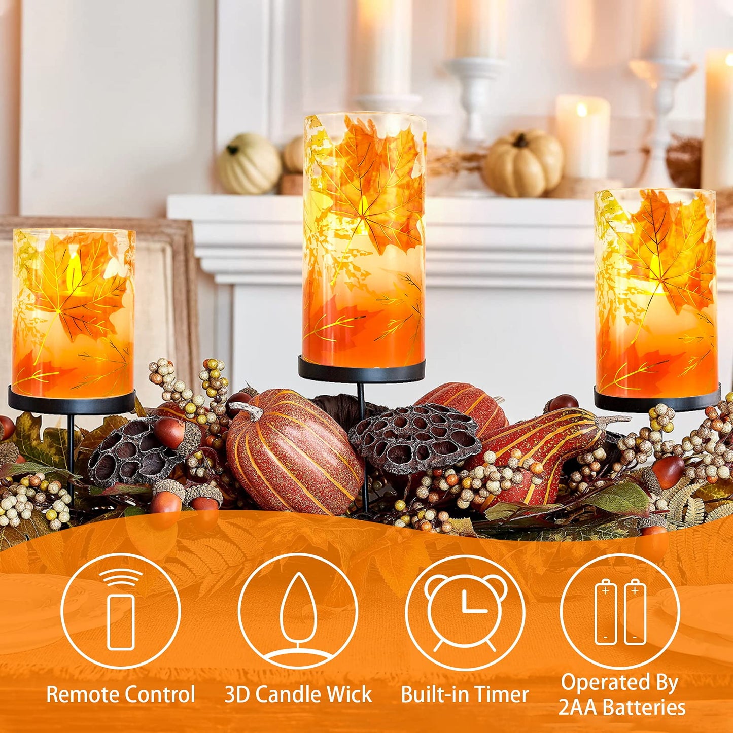 PETRISTRIKE Fall Flameless Candles, Autumn Maple Leaf Led Candles with Remote & Timer, Realistic Flickering Real Wax Candles for Harvest Festive, Thanksgiving Day, Party Decorations