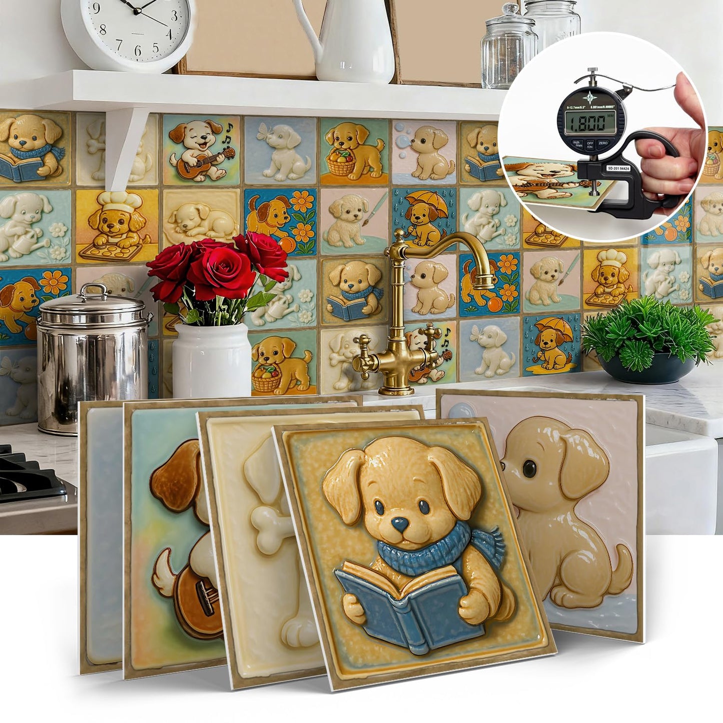 Removable Cute 3D backsplash Tiles for Kitchen Bathroom RV ladundry wall Decor,Decorative Lovely Tile Stickers Stick on backsplash with Puppy Picture