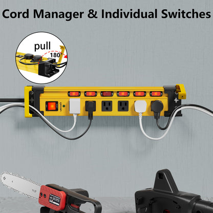 Power Strip Surge Protector 2700J with Individual Switches and Flat Plug, 3FT Heavy Duty Cord 6 Wide Spaced Outlet Mountable Metal Power Strips with Cord Manager and Hanger