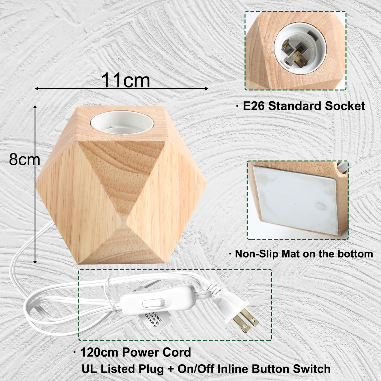 OuXean Small Wood Table Lamp, Bedside Lamp with Diamond Wooden Base E26 60W Industrial Night Light Boho Deco for Bedroom, Living Room or Office(No Bulb)