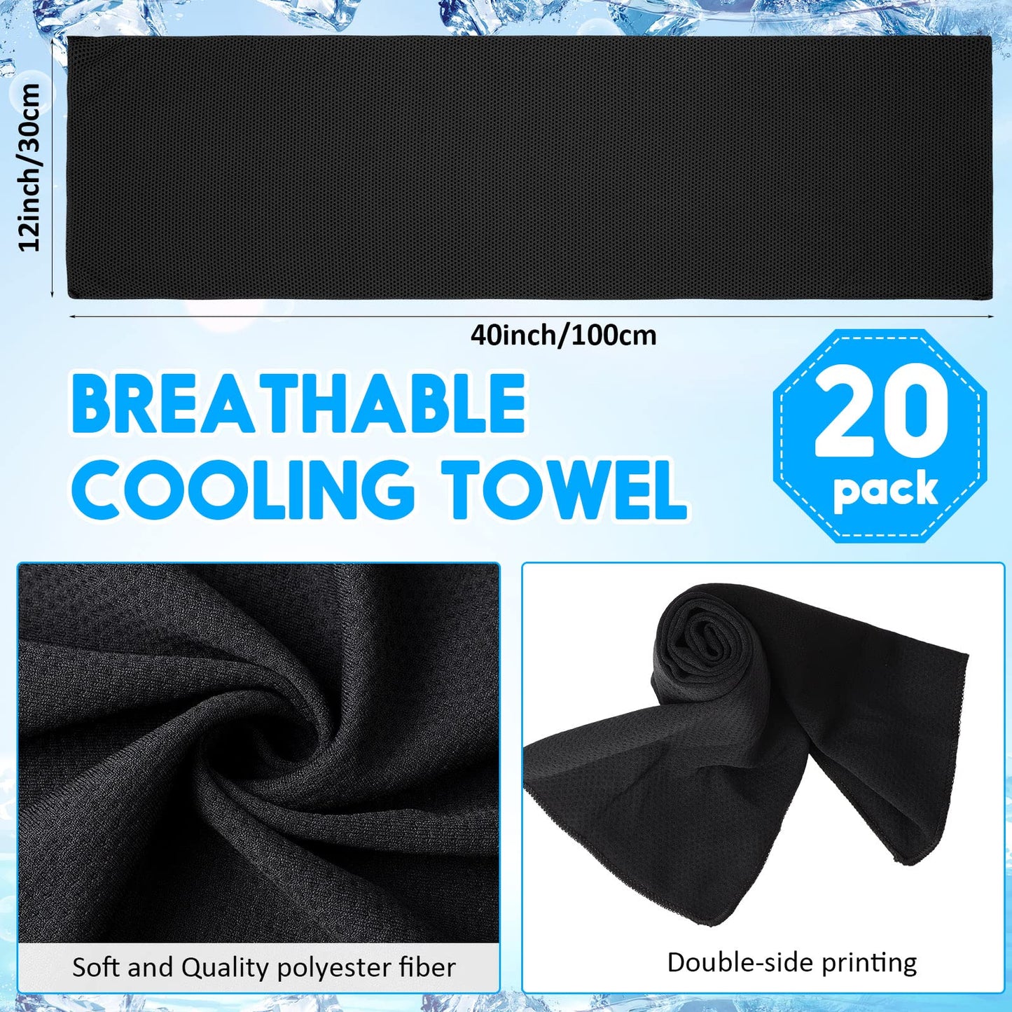 Redbaker 20 Pack Cooling Towel Bulk (40"x12"), Ice Towels for Neck and Face, Soft Breathable Microfiber Chilly Sweat Rag with Bags for Yoga, Sports, Running, Gym, Golf, Workout, Camping(Black)