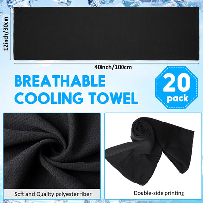Redbaker 20 Pack Cooling Towel Bulk (40"x12"), Ice Towels for Neck and Face, Soft Breathable Microfiber Chilly Sweat Rag with Bags for Yoga, Sports, Running, Gym, Golf, Workout, Camping(Black)