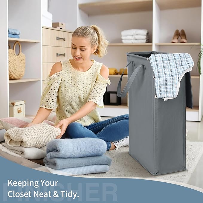 Slim Laundry Basket with Lid and Handles, Foldable Laundry Basket