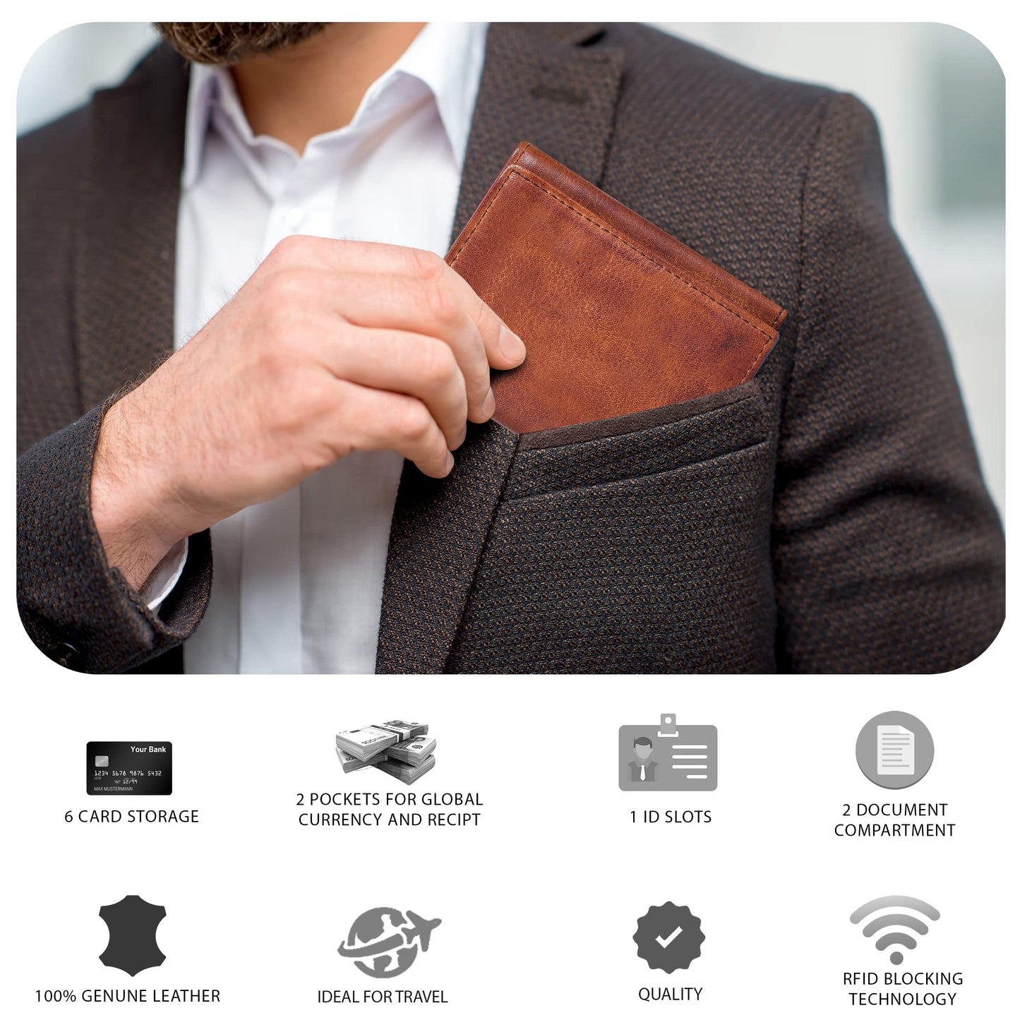 Tri fold Leather Wallet for Men with RFID | Slim Wallets for Men with 1 ID and 6 Credit card slots | Front Pocket Minimalist (Wash Tan)