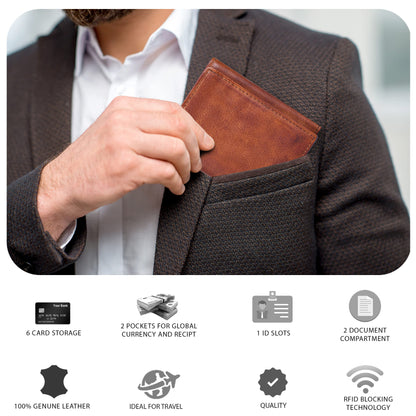 Tri fold Leather Wallet for Men with RFID | Slim Wallets for Men with 1 ID and 6 Credit card slots | Front Pocket Minimalist (Wash Tan)