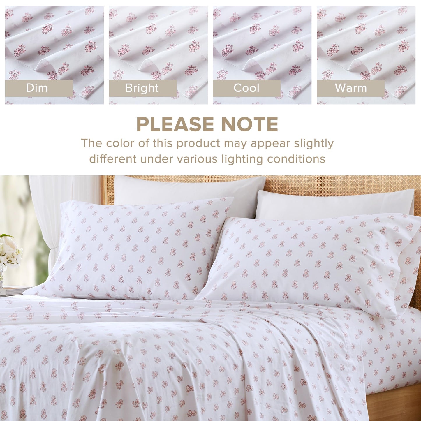 Comfort Spaces 100% Cotton Sheets Full, Breathable, Naturally Cool Cotton Sheets, Soft Cotton Bed Sheets with 14" Elastic Pocket Fits up to 16" Mattress, All Seasons Sheet Set, Floral Pink 4 Piece