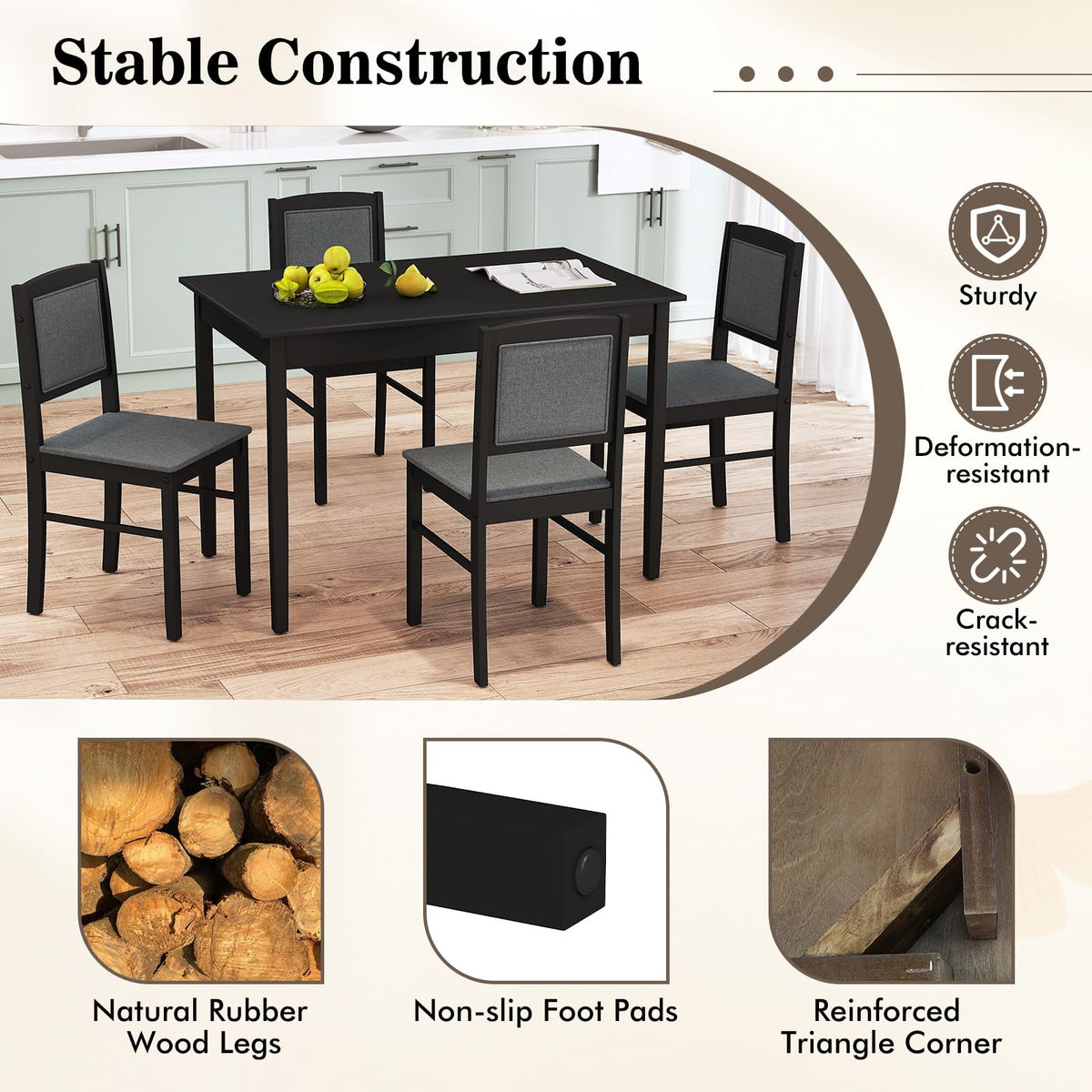 Tangkula Dining Table Set for 4, Farmhouse Solid Wood Dinette Set w/Rubber Wood Legs, Upholstered Seat & Padded Backrest, Mid-Century Modern Dining Table and Chairs Set for Kitchen, Dining Room