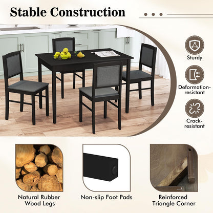 Tangkula Dining Table Set for 4, Farmhouse Solid Wood Dinette Set w/Rubber Wood Legs, Upholstered Seat & Padded Backrest, Mid-Century Modern Dining Table and Chairs Set for Kitchen, Dining Room