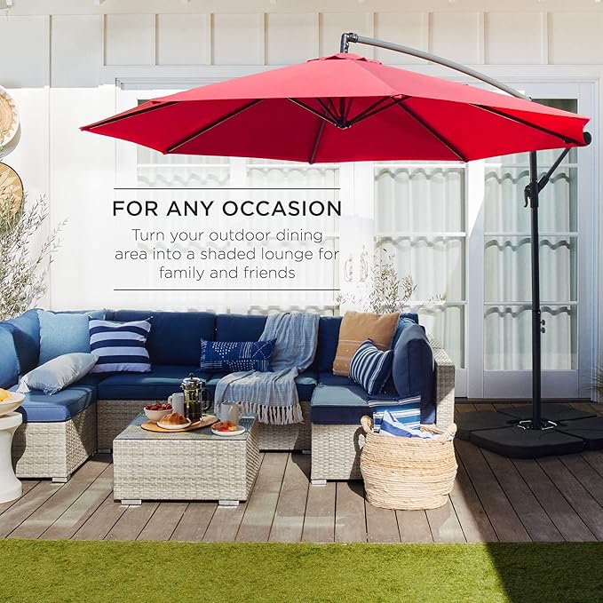 Best Choice Products 10ft Offset Hanging Market Patio Umbrella w/Easy Tilt Adjustment, Polyester Shade, 8 Ribs for Backyard, Poolside, Lawn and Garden - Red