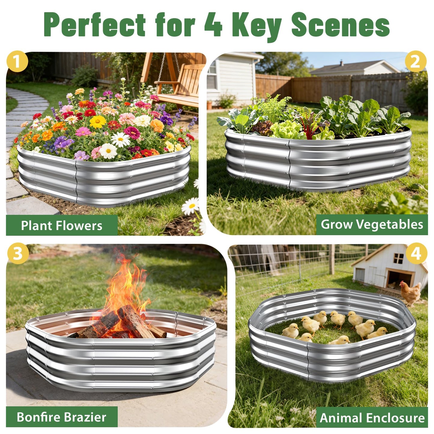 VAMFUTRE Hexagon Raised Garden Bed, 48 Inch Diagonal & 12 Inch Tall, Galvanized Steel Planter Box with Wave-Shaped Metal Panels for Outdoor Flower,Tree,Herb & Vegetable Garden (Silver, 4FT X 1FT)