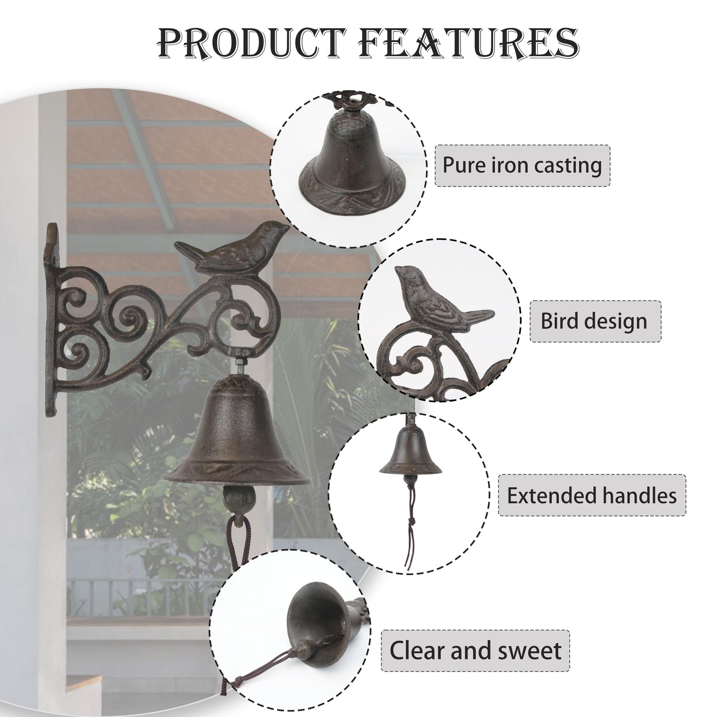 Linton Arts Cast Iron Dinner Bell, Decorative Hanging Bell for Farmhouse, Dinner Bell Outdoor, Garden & Home - Clear Sound,Antique Cast Iron Bell【cast Iron Bell for Outdoor】