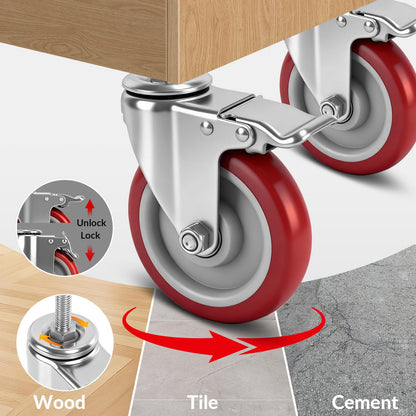 Caster Wheels, 5 Inch Locking Swivel Caster, 1/2"-13 x 1 (Screw Diameter 1/2", Screw Length 1.5") Threaded Stem Casters Set of 4 Heavy Duty,Industrial Castors Wheels for Cart,Furniture and Workbench