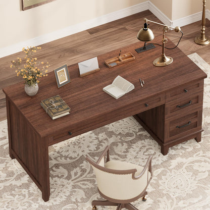 Garvee 53.5" Wooden Home Office Desk with File Drawers, Executive Desk with Power Outlet, Farmhouse Wood Desk with Storage, Distressed Study and Work Table, Rustic Brown