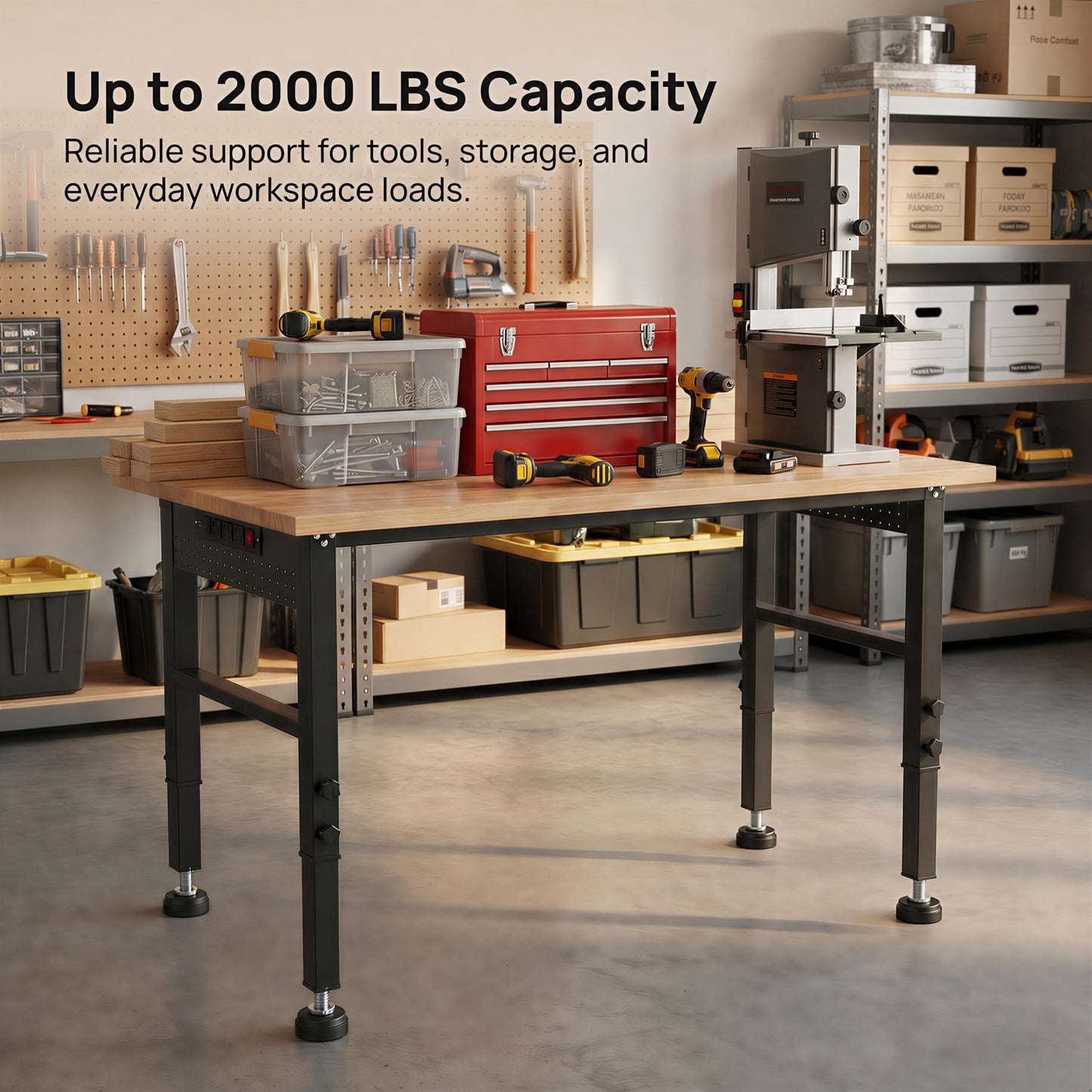 VUWIF 48" Workbench with Footpads, Adjustable Height Workbench with Rubberwood Top, Built-in Power Strip with 4 AC Outlets and 2 USB Ports, 2000 LBS Capacity for Garage, Workshop, and Home