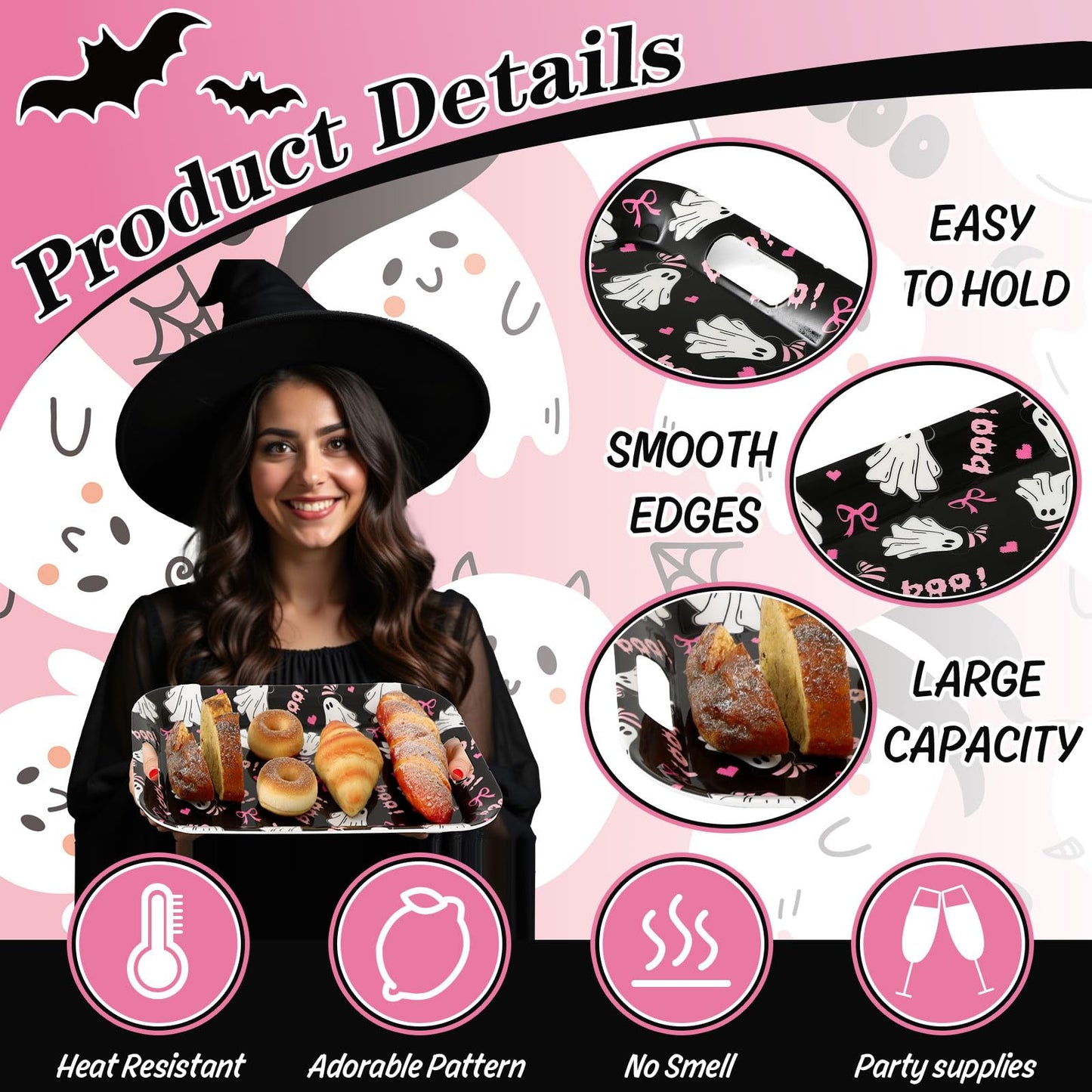 JarThenaAMCS 3Pcs Halloween Ghost Serving Trays 16.4 x 11 Inch Pink Boo Ghost Black Cat Platter with Handles Reusable Serving Dishes for Birthday Party Sharing Snacks Fruit Dessert