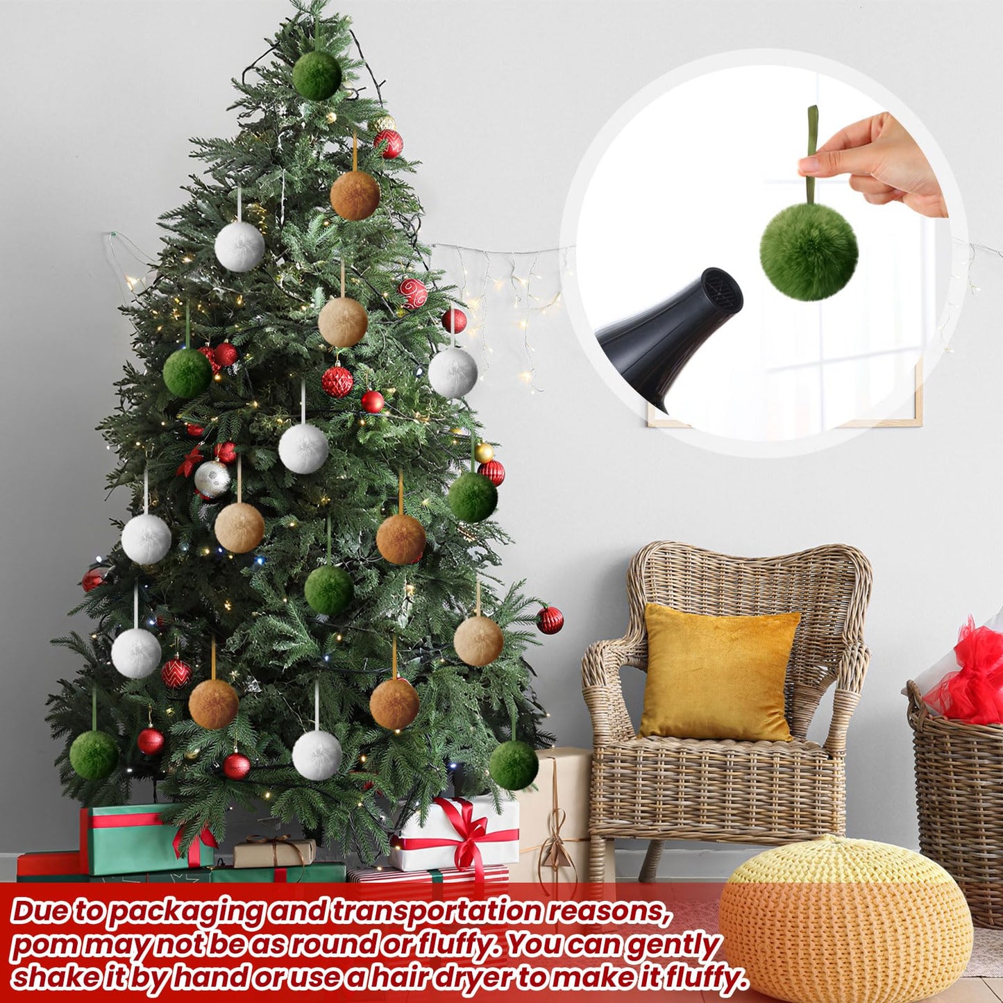 ShinyRelief 48 Pcs 3.1 Inch Neutral Furry Christmas Balls Ornaments Faux Fur Pom Poms Boho Christmas Tree Hanging Decoration for Party Supplies Holiday Office Fireplace Mantel Home Wall Decor