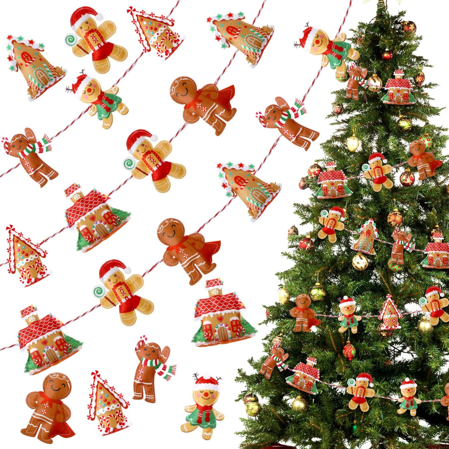 Generic 8.8 ft Gingerbread Christmas Garland Cute Gingerbread Men Christmas Tree Garland Felt Hanging House Xmas Home Bunting Banner for Tree Ornaments Party Holiday Wall Decor