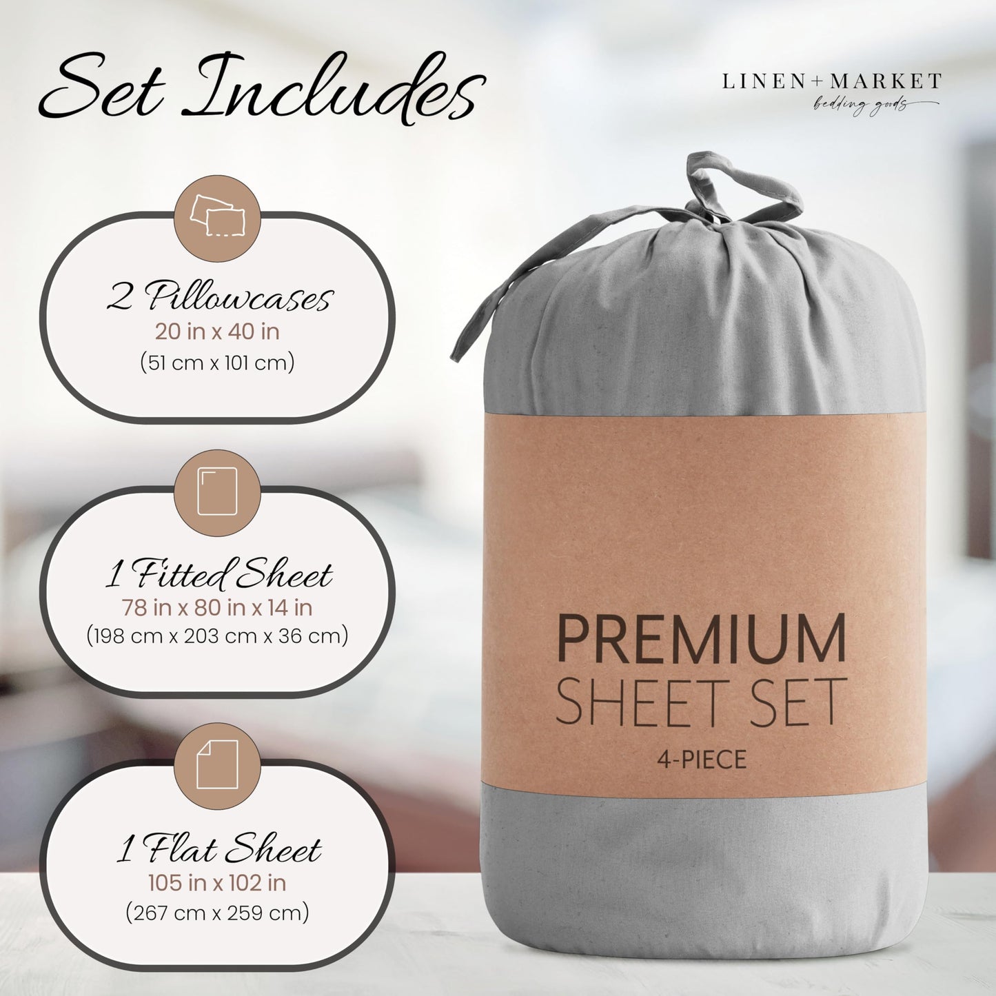 Linen Market Brushed Microfiber King Sheet Set 4 Piece – Oeko-TEX Certified Ultra Soft & Wrinkle-Free - 16" Deep Pocket Sheets - Easy Care King Size - Light Gray
