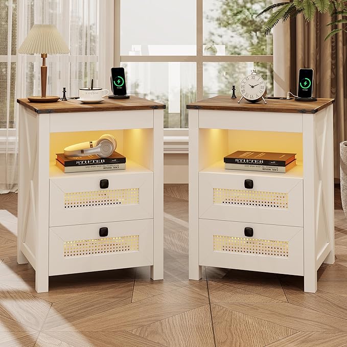 FREDEES Nightstand Set 2 with Gun Drawer, Bed Side Table with Charging Station