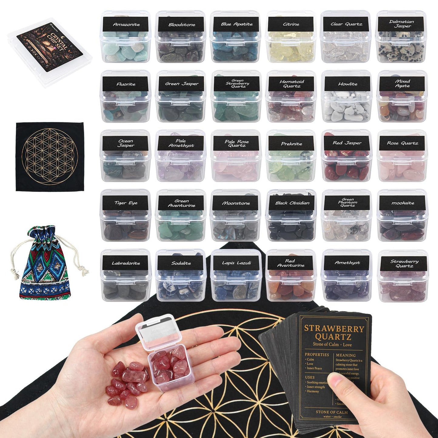Healing Crystals Set with 30 Crystal Gravel Stones, Flower of Life Ritual Mat and Meaning & Ritual Affirmation Cards – Healing Stones for Meditation, Witchcraft Supplies