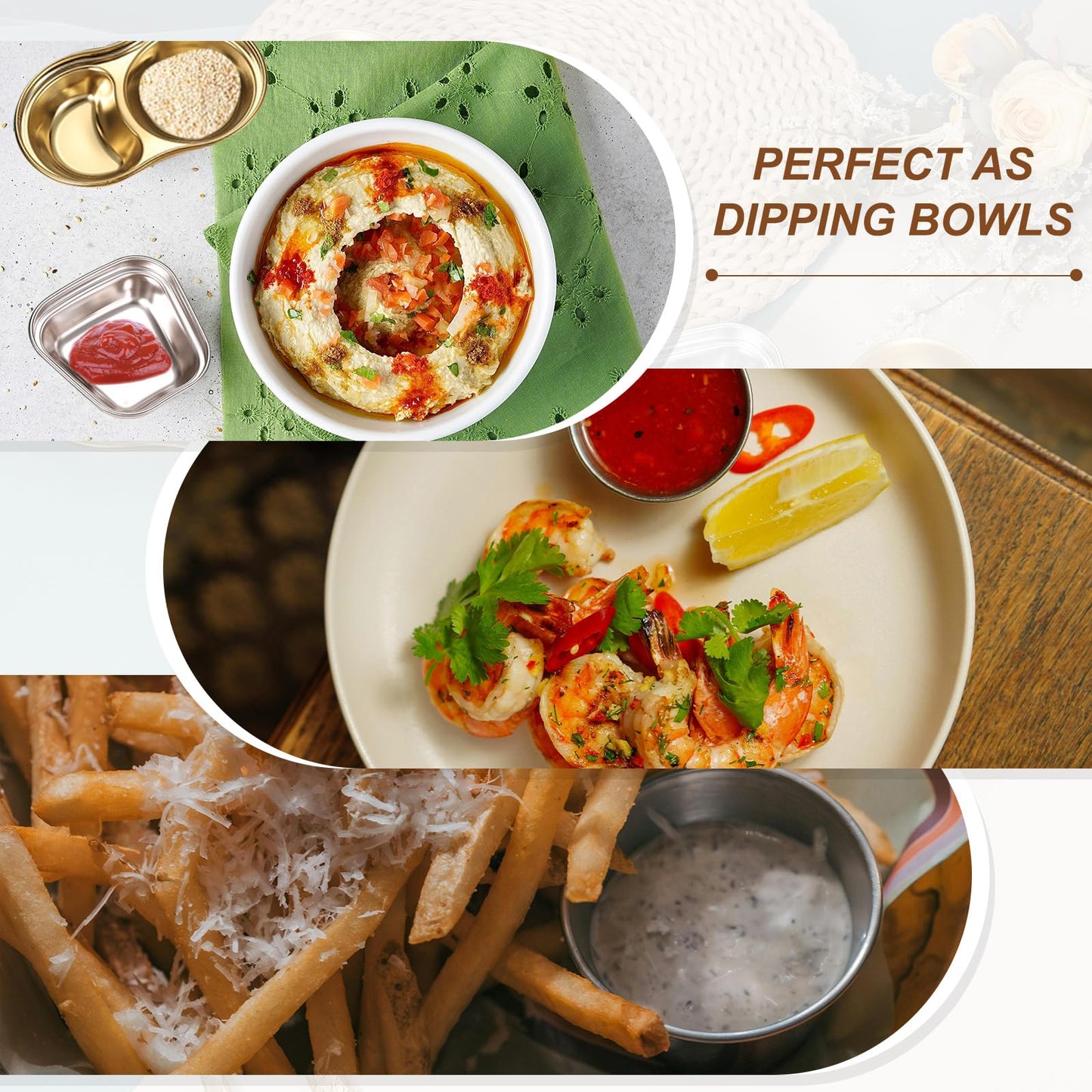 uxcell 3 Inch Mini Stainless Steel Sauce Dish, 2 Pcs Round Seasoning Bowls Appetizer Plates Condiment Bowl for Salad Side Dishes Sushi Dipping Ketchup, Gold/Silver 4-Compartment