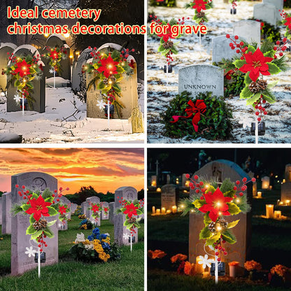 stadeco Solar Christmas Decorations Outdoor, 32 Inch Solar Christmas Cross Stake Lights, Waterproof Grave Decorations with Poinsettia Flower Pinecones Red Berries for Garden Yard Patio Lawn Cemetery