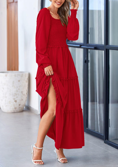 PRETTYGARDEN Fall Wedding Guest Dresses for Women 2025 Long Sleeve Square Neck Tiered A Line Modest Elegant Flowy Dresses (Red,Small)