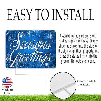 Seasons Greetings Blue Christmas Classic Yard Sign for Home Decor and Lawn Decoration With Stakes, Merry Christmas Sign 17x13 Inch
