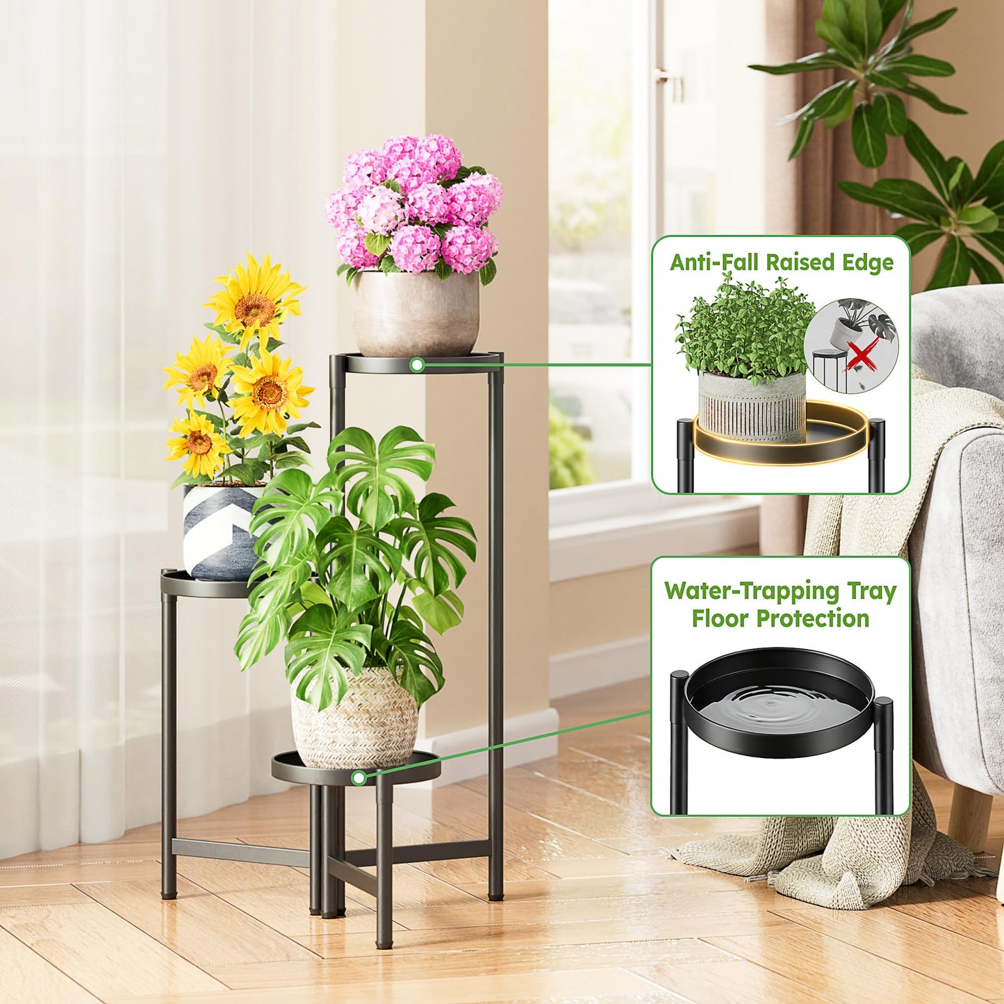 NQW 3 Tier Large Plant Stand Indoor with 7.9 Inch Wide Tray, Tiered Corner Metal Outdoor Flower Holder Stand, Folding Tall Rack for Display Shelf for Patio Porch Balcony - BlackDisk