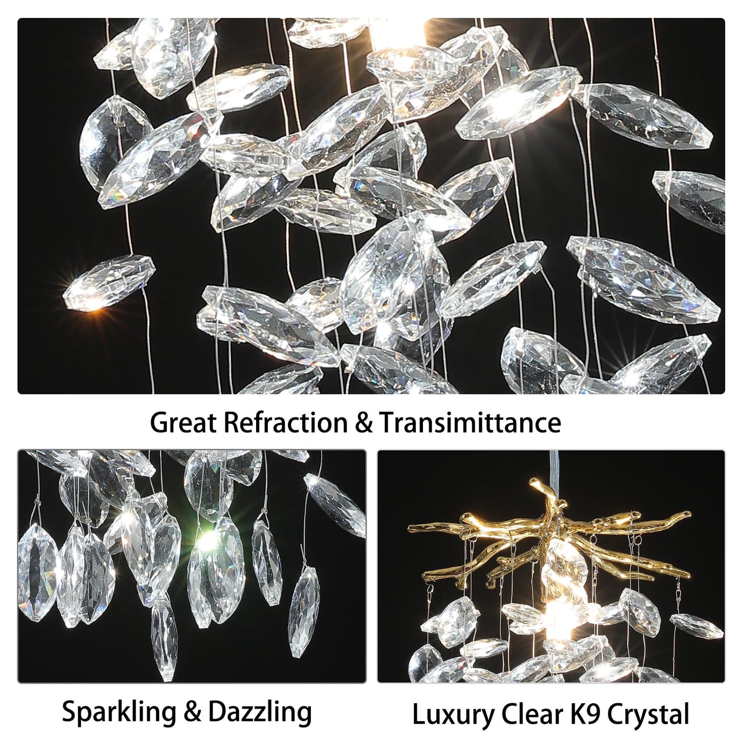 YUYI 8.3" Crystal Pendant Light for Kitchen Island, Modern Gold Tree Branch Chandeliers, Luxury Round Raindrop Chandelier Pendant Lights Fixture for Dining Room, Living Room, Bedroom, Foyer, Entryway