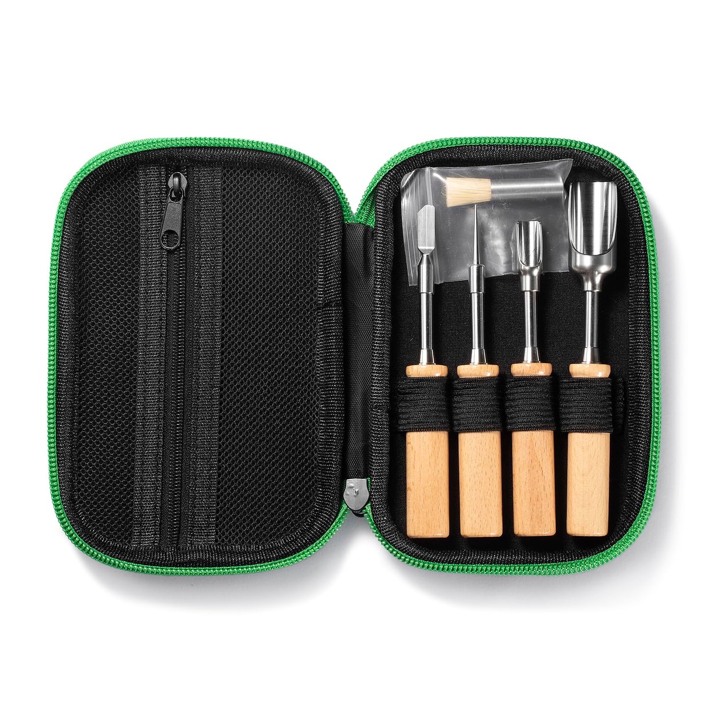 5Pcs tool kit including metal poker,scraper,mini scoop,large scoop,brush,crafted from SS304 with detachable wooden handles storage bag for versatile use sugar salt powder spices and cleaning