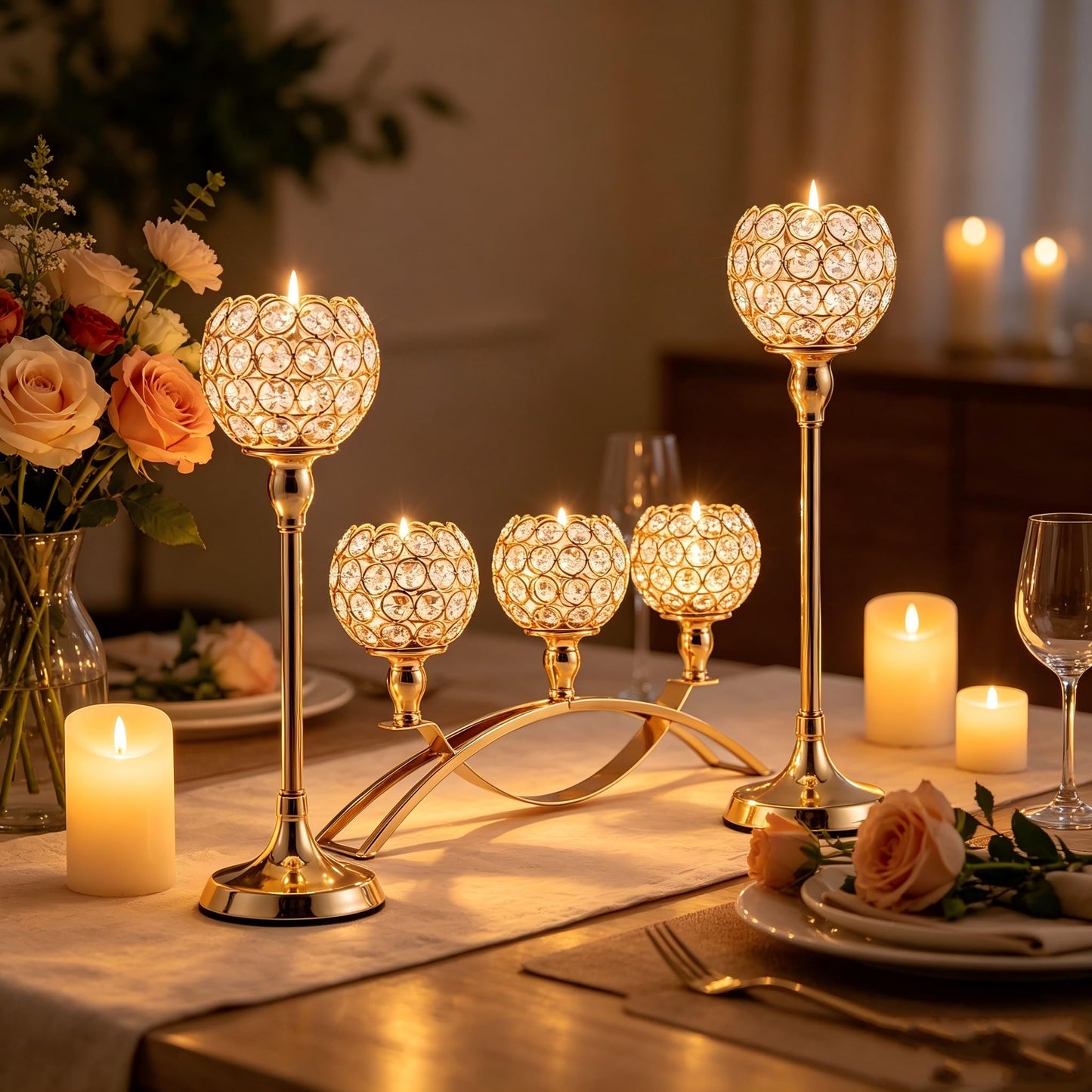VINCIGANT Set of 3 Gold Candle Holders Wedding Table Centerpieces,Tealight Candlestick Candelabra Stand with 3 Arms for Fireplace Home Living Room Decor,Valentine's Day Housewarming