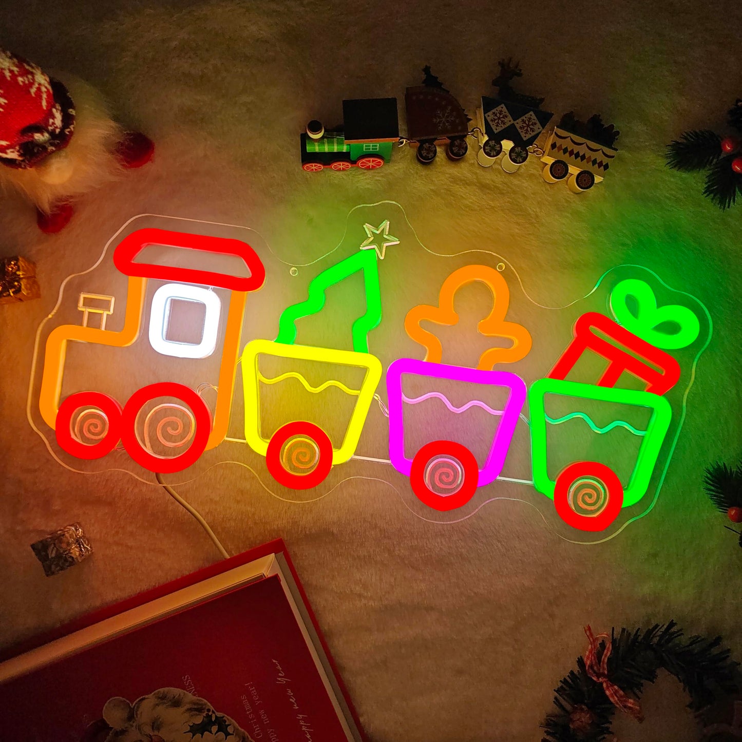hhuohuona Christmas Train Neon Sign Gingerbread Train Led Sign Neon Christmas Lights Dimmable Light Up Sign Holiday Led Wall Decor for Home Cute Xmas Gift for Kids
