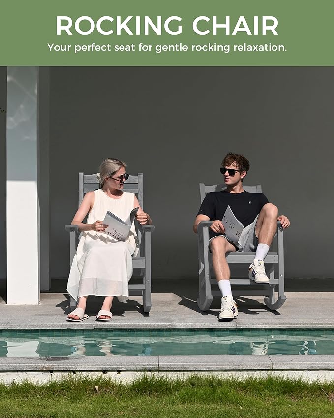 Oversized Rocking Chair Outdoor, High Back Porch Rocker Chair, HDPE All Weather Resistant Rocking Chairs for Patio, 380lbs Weight Capacity, Grey