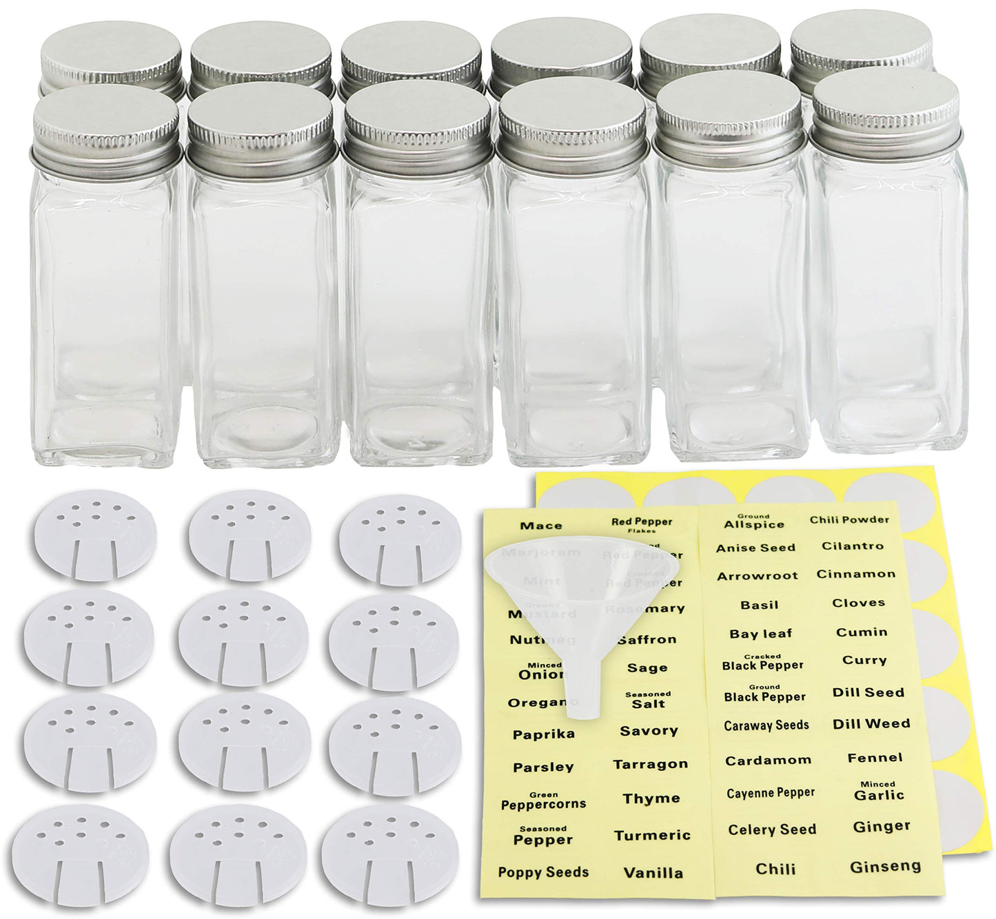 Simple Houseware Spice Jars 4 Ounce Square Glass Bottles with Shaker Lids, Funnel and Labels for Seasoning & Storage, 12 Pack