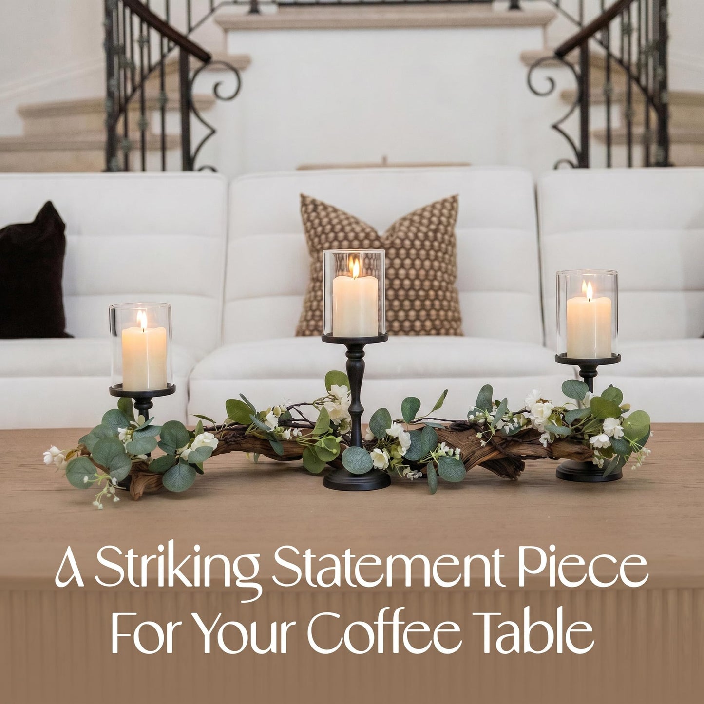 Eucalyptus Table Centerpiece with Candle Holders, Farmhouse Greenery Decor Black
