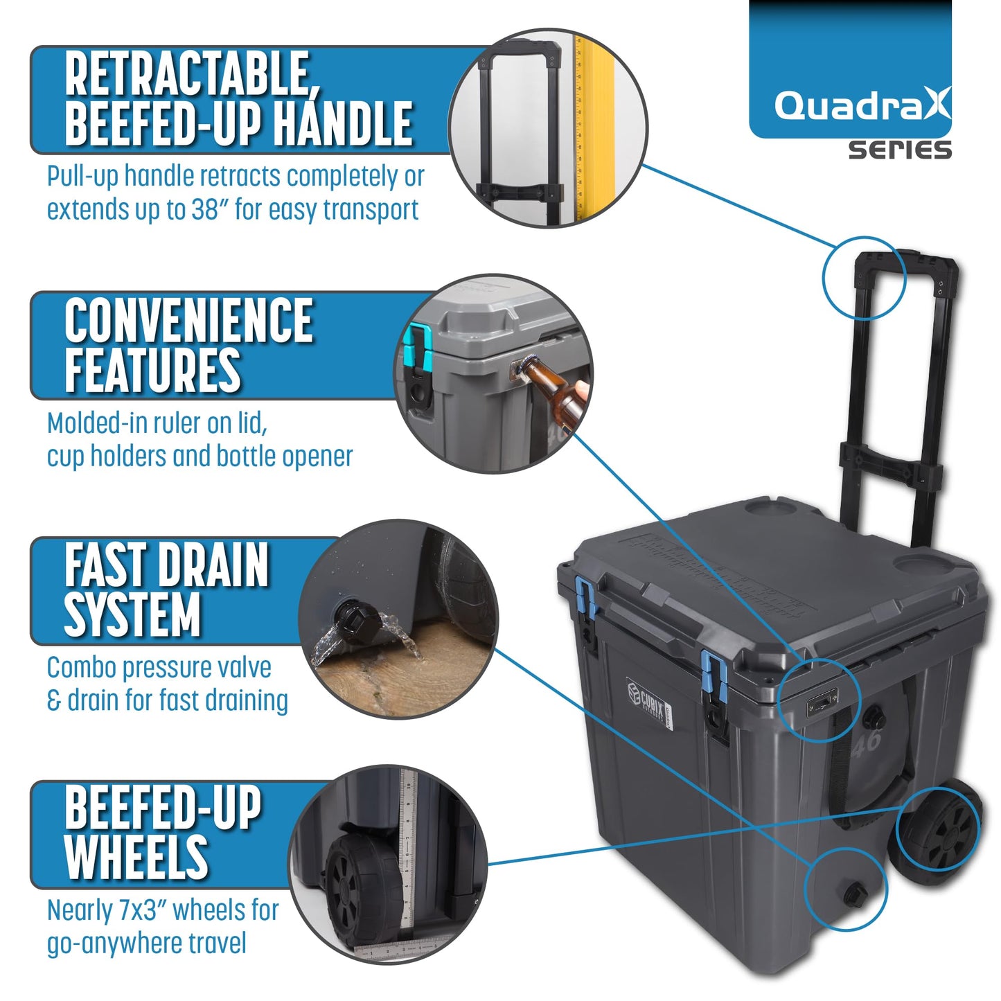 Cubix Outdoors QuadraX 46QT Wheeled Rotomolded Portable Hard Cooler for Camping, Fishing, Beach | Heavy Duty Insulated Ice Chest with Wheels and Handle | Cold Retention 5 Days (Ember Orange)