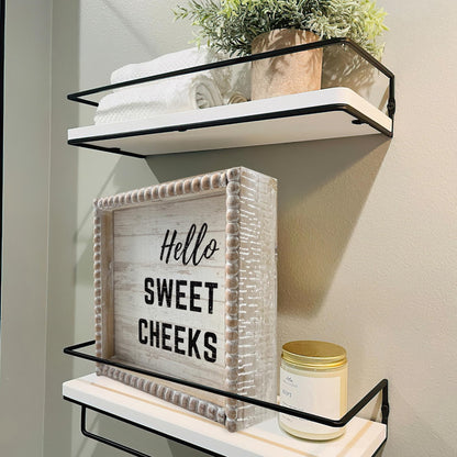 Boho Farmhouse Wooden Framed Bathroom Decor Signs, Funny Restroom Decorative Plaque Small Cute, Toilet Rules Shelf Decoration (Hello Sweet Cheeks)