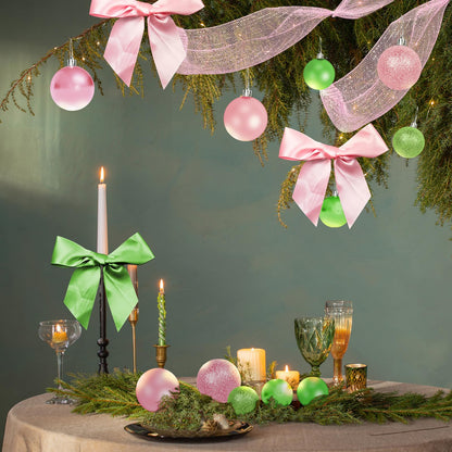 Cinrobiye Christmas Tree Decoration Set Including 48 Christmas Ornaments Balls,12 Bows,Tree Topper,Tree Skirt,Mesh Ribbon for Xmas Trees Holiday Party Garland Indoor DIY (Pink&Green)