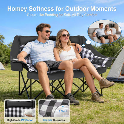 Suteck Double Camping Chair Padded 2 Person Camping Chair Camping Loveseat - Heavy Duty Oversized Camping Couch for Adults - Portable Folding Sofa w/Glass Holders&Cooler Bags for Outdoor Lawn Beach