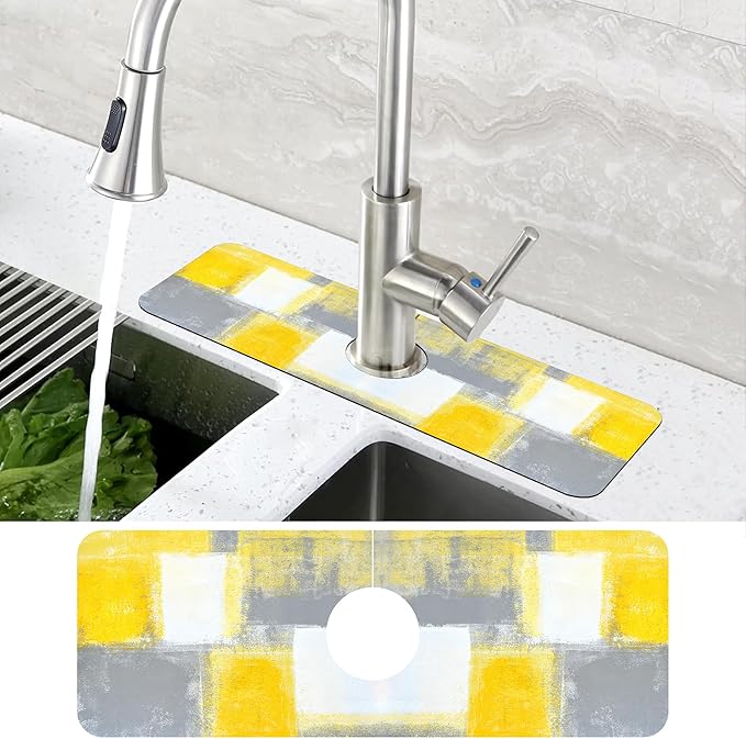 Grey and Yellow Abstract Kitchen Sink Splash Guard Mat Absorbent Fast Drying