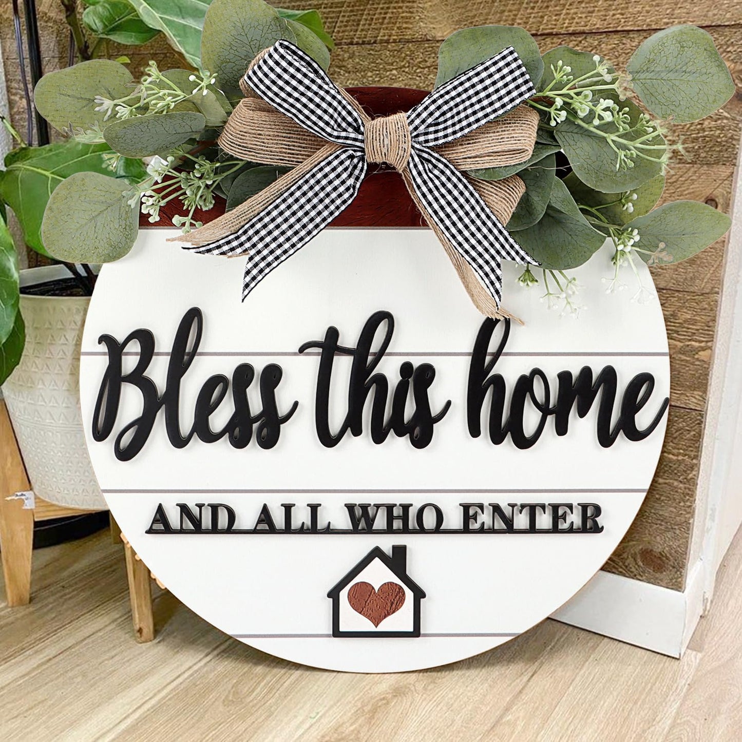 TOARTi 3D Bless This Home Wooden Door Sign Hanging, Welcome Porch Wall Sign with Bow-Knot Wreath, Bless This Home and Who Enter Sign Housewarming Gift for Kitchen/Entryway/Porch/Front Door