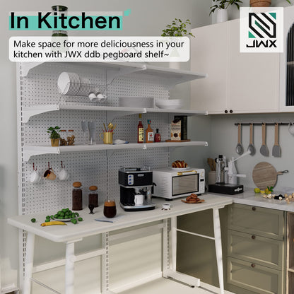 JWX Standing Pegboard Shelf Unit, White Gaming Home Office Garage Cabinets with Metal Pegboard and 15 Pieces Organizer Tool Holders