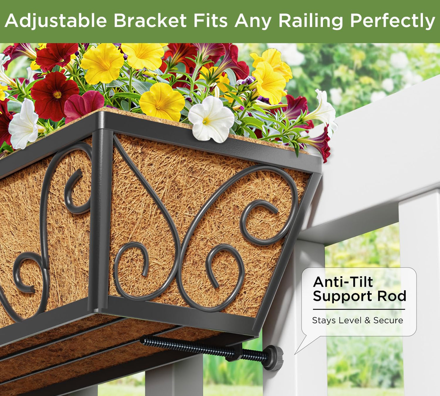 Y&M 24 Inch Window Deck with Coco Liner, Fence Metal Hanging Flower Planter Window Basket Deck Railing Planter Boxes for Outdoor Garden Lawn-Butterfly,2pcs