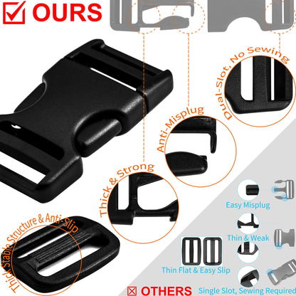LASIGHT Buckles for 1 inch Wide Webbing Straps: Quick Side Release Buckle 10 set and Tri-Glide Slide 20 pcs Fit 1" Nylon Web Belt, Plastic Snap Fastener Clip Heavy Duty Replacement Dual Adjustable
