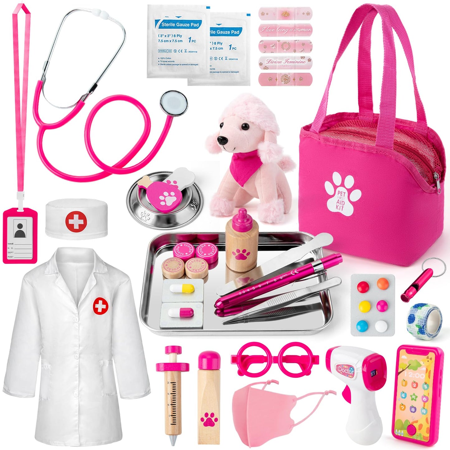 EFO SHM Doctors Set for Kids, Kids Pet Vet Care Playset with Real Stethoscope, Doctor Costume, Plush Dog and Syringe, Role Play Medical Toys for Girls Boys 3+ Year Old