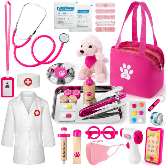 EFO SHM Doctors Set for Kids, Kids Pet Vet Care Playset with Real Stethoscope, Doctor Costume, Plush Dog and Syringe, Role Play Medical Toys for Girls Boys 3+ Year Old