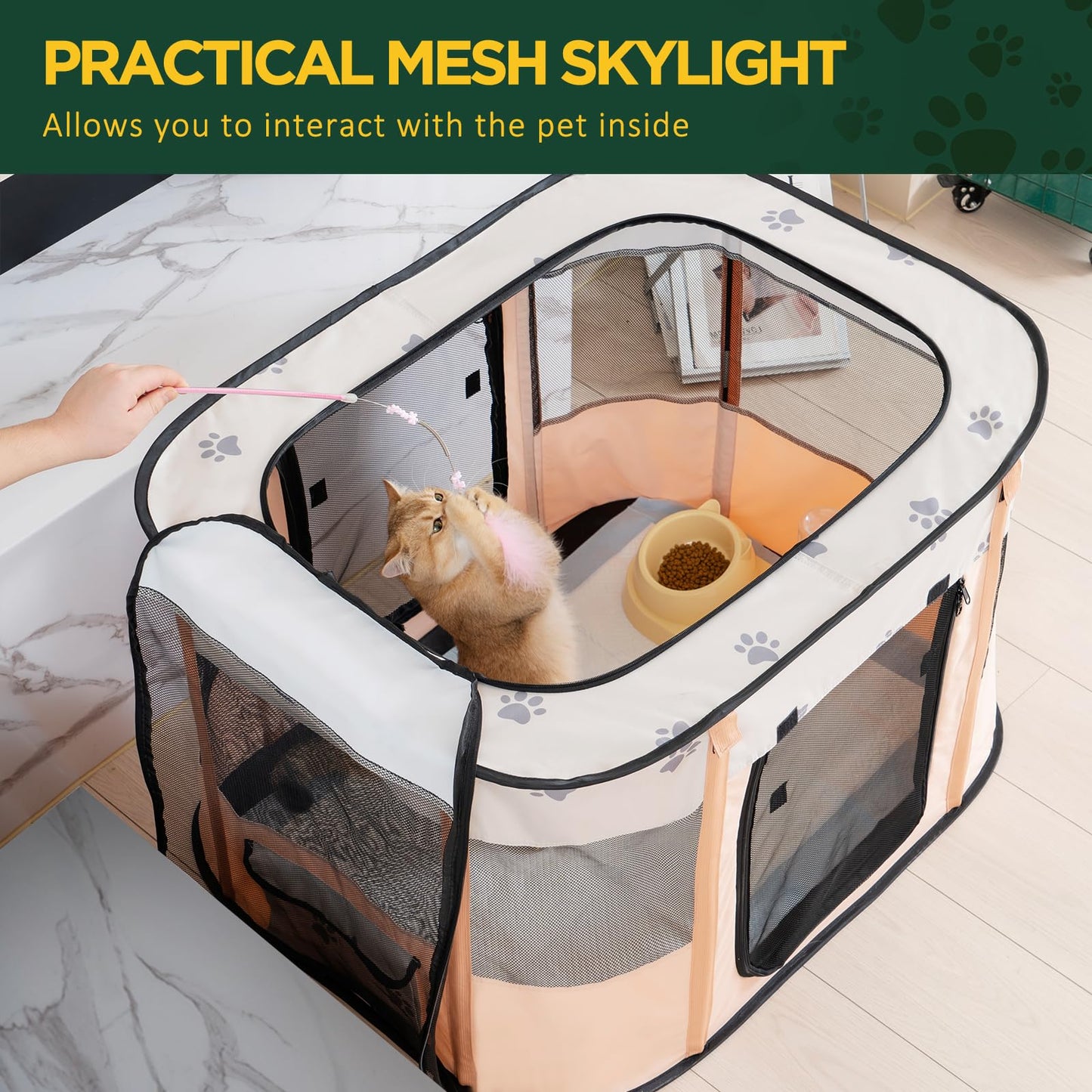 Avont Portable Dog Cat Playpen, Foldable Pop Up Pet Play Pen Travel Crate with Floor and Mesh Door Top for Indoor Outdoor Collapsible Tent Cage -M, Orange