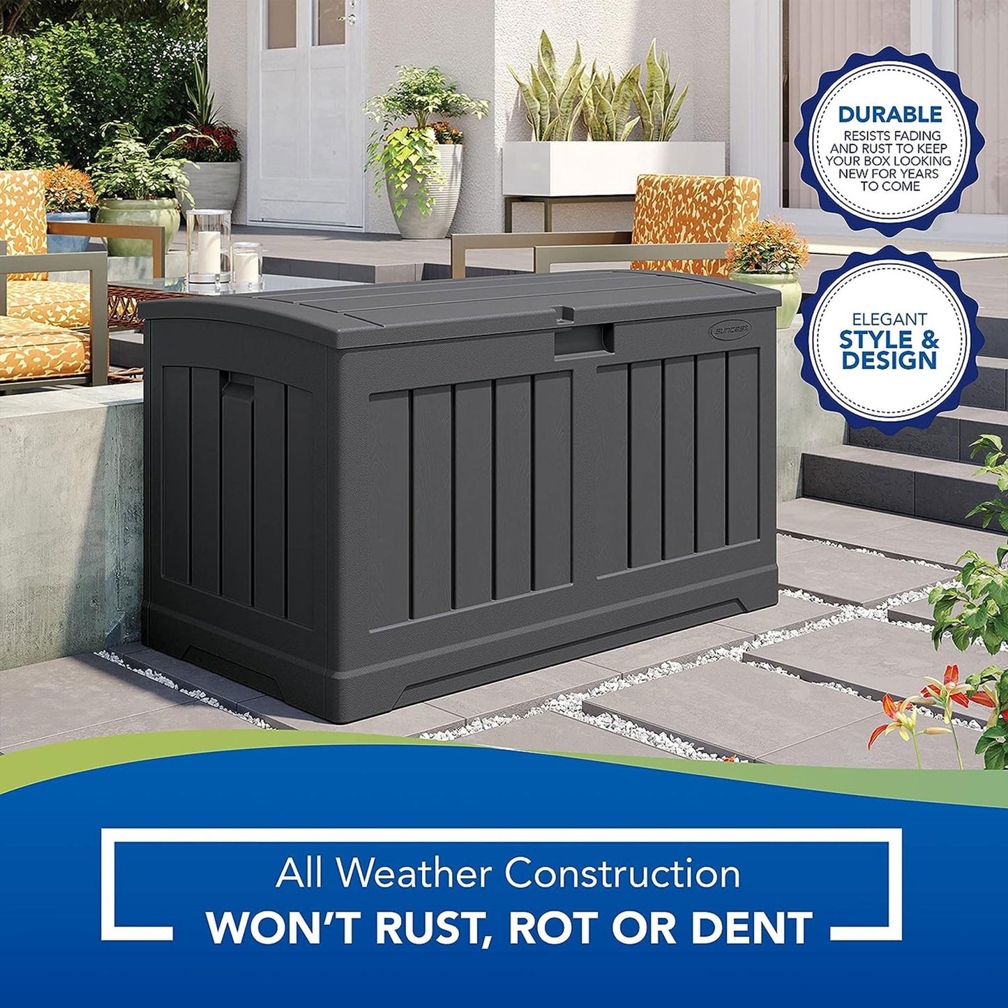 Suncast 50 Gallon Medium Capacity All Weather Construction Resin Outdoor Storage Deck Box with Arched Lid for Patio, Garden, or Pool, Peppercorn