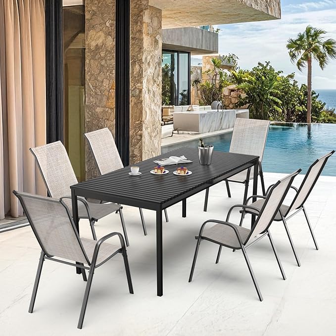 VINGLI Patio Chairs Set of 8 – Stackable Outdoor Dining Chairs with Comfortable Sling High Back Chairs and Armrests for Lawn, Poolside, Courtyard, Balcony, Garden, Yellow